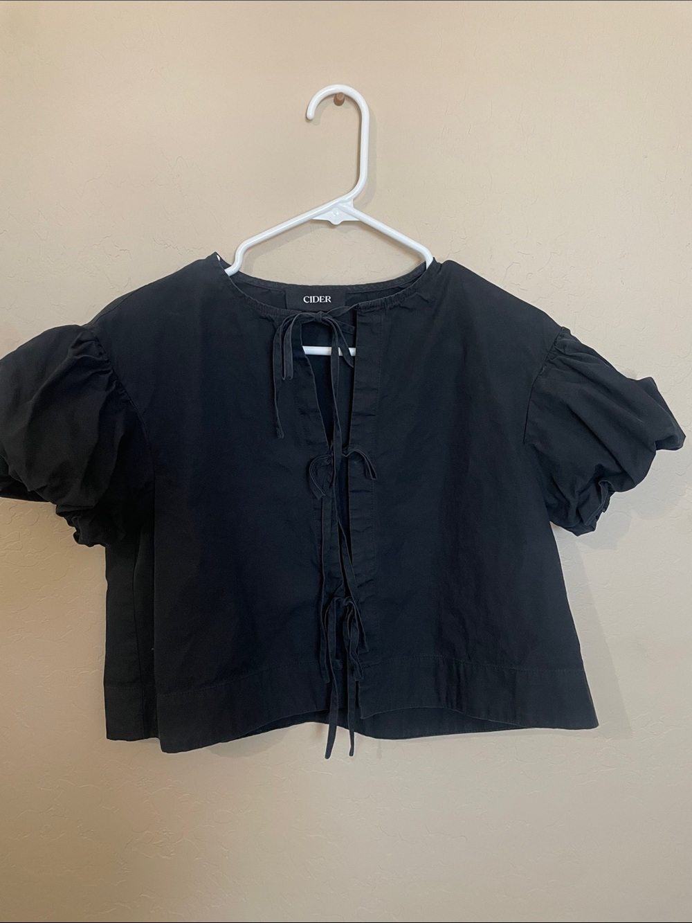Cider Black Puff-Sleeve Tie-Front Blouse